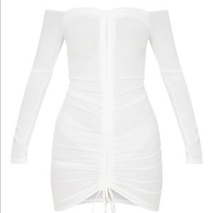 White Ribbed Long Sleeve Bardot Bodycon dress
